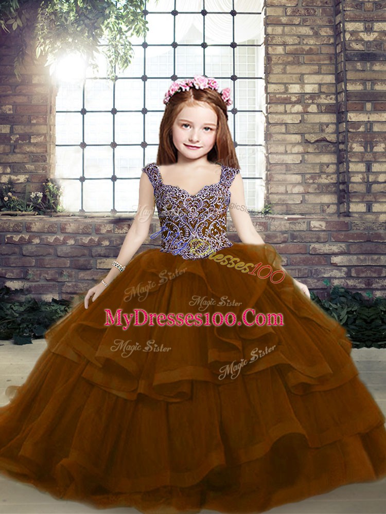 Brown Ball Gowns Beading Kids Pageant Dress Lace Up Tulle Sleeveless
