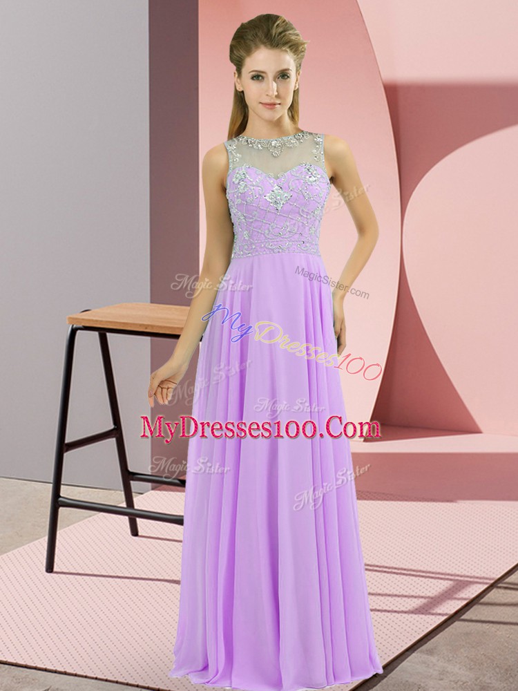 Superior Beading Prom Gown Lavender Zipper Sleeveless Floor Length