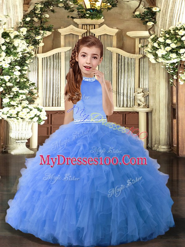 Beauteous Blue Pageant Dress for Girls Party and Sweet 16 and Wedding Party with Beading Halter Top Sleeveless Backless