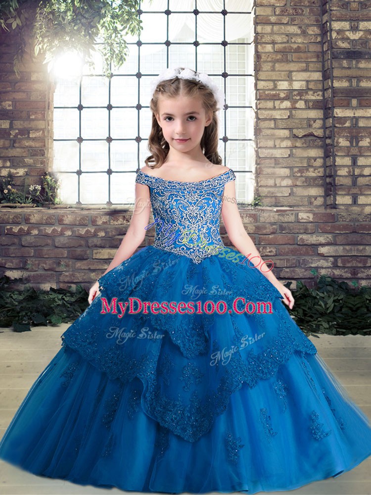 Blue Off The Shoulder Neckline Beading and Appliques Little Girl Pageant Dress Sleeveless Lace Up