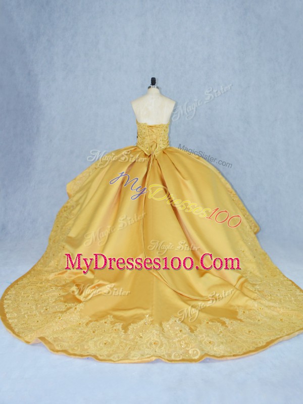 Ideal Gold Satin and Tulle Lace Up Sweetheart Sleeveless Sweet 16 Quinceanera Dress Court Train Beading and Appliques
