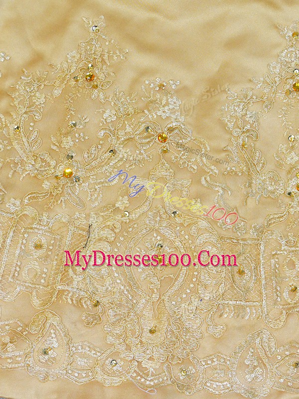 Ideal Gold Satin and Tulle Lace Up Sweetheart Sleeveless Sweet 16 Quinceanera Dress Court Train Beading and Appliques