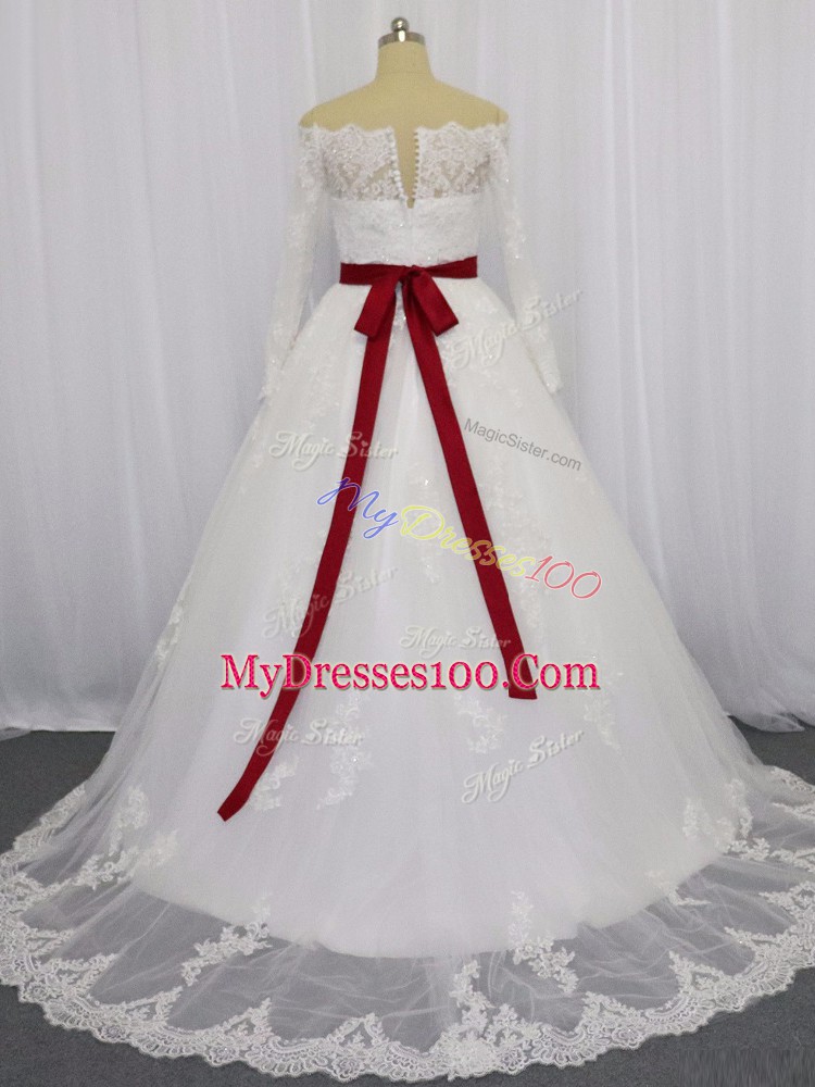 Off The Shoulder Long Sleeves Brush Train Clasp Handle Wedding Dresses White Tulle
