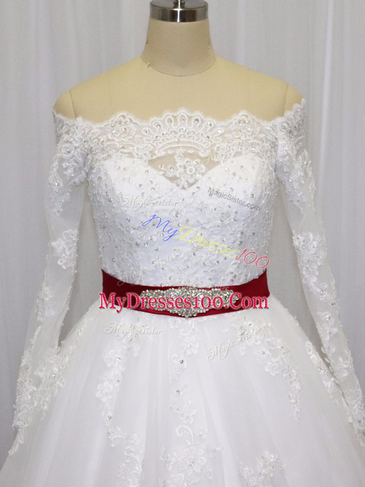 Off The Shoulder Long Sleeves Brush Train Clasp Handle Wedding Dresses White Tulle