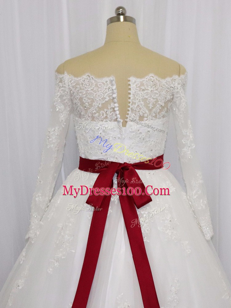 Off The Shoulder Long Sleeves Brush Train Clasp Handle Wedding Dresses White Tulle
