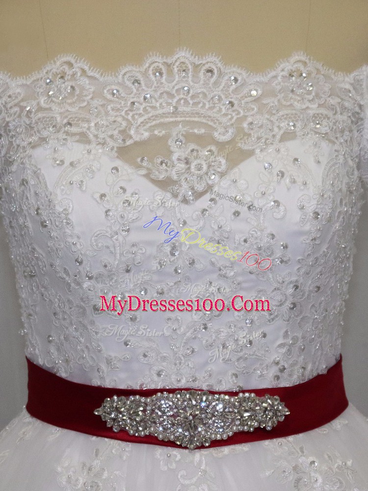 Off The Shoulder Long Sleeves Brush Train Clasp Handle Wedding Dresses White Tulle