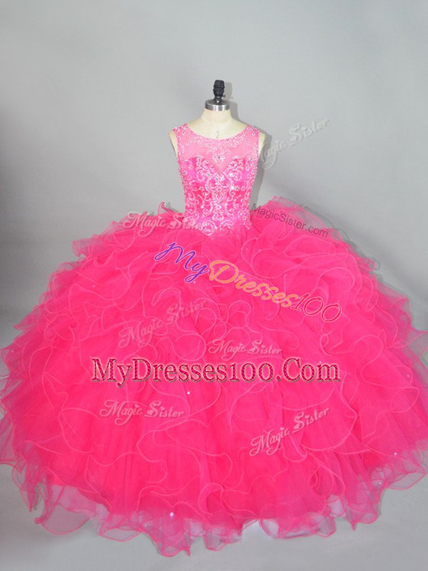 Top Selling Hot Pink Scoop Neckline Beading and Ruffles Quince Ball Gowns Sleeveless Lace Up