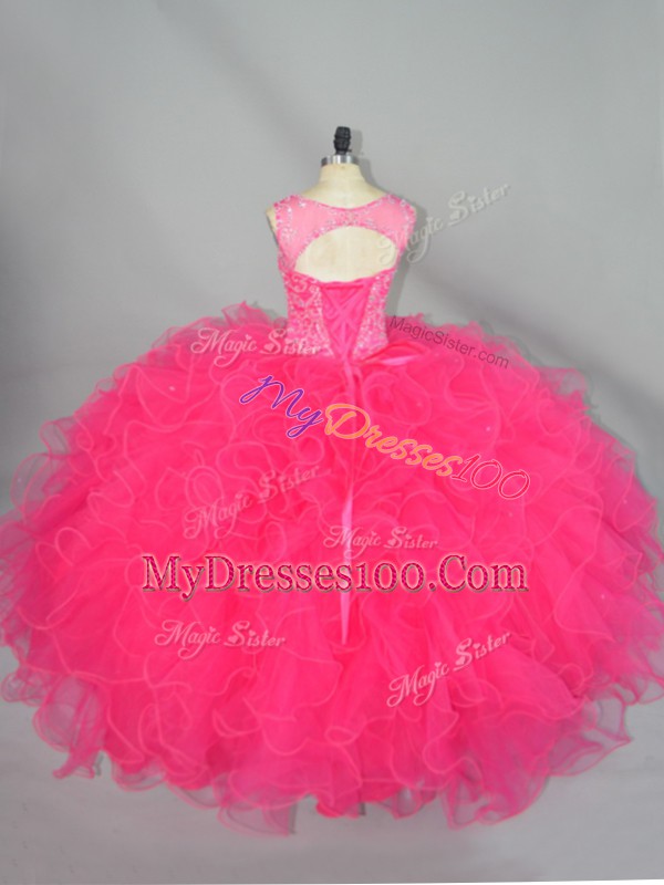 Top Selling Hot Pink Scoop Neckline Beading and Ruffles Quince Ball Gowns Sleeveless Lace Up