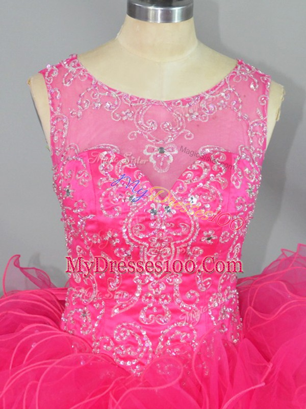 Top Selling Hot Pink Scoop Neckline Beading and Ruffles Quince Ball Gowns Sleeveless Lace Up