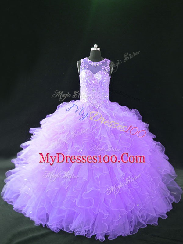 Nice Floor Length Lace Up Ball Gown Prom Dress Lavender for Sweet 16 and Quinceanera with Beading and Ruffles
