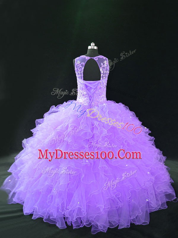 Nice Floor Length Lace Up Ball Gown Prom Dress Lavender for Sweet 16 and Quinceanera with Beading and Ruffles