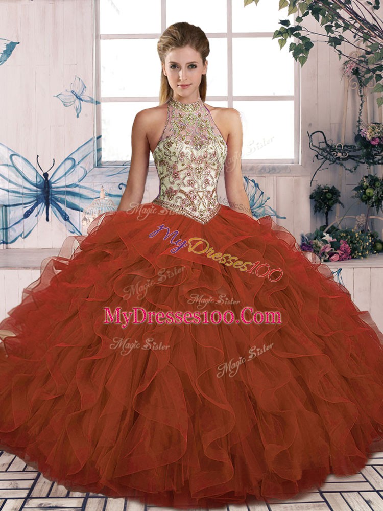 Floor Length Ball Gowns Sleeveless Rust Red Quinceanera Gowns Lace Up