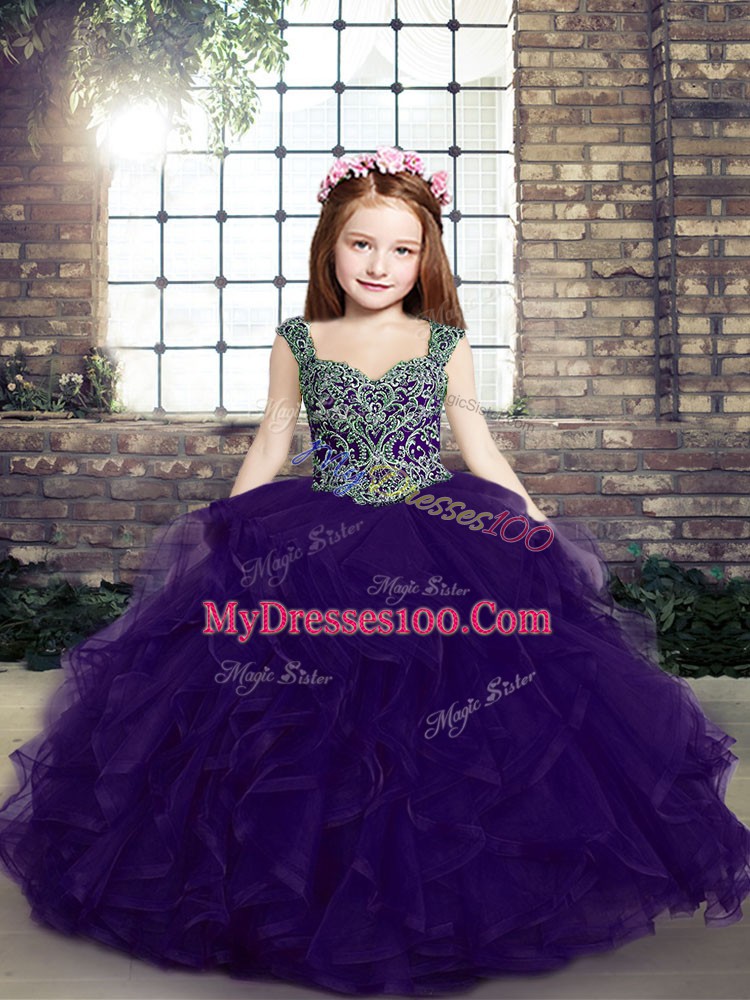 Sleeveless Floor Length Beading and Ruffles Lace Up Girls Pageant Dresses with Purple