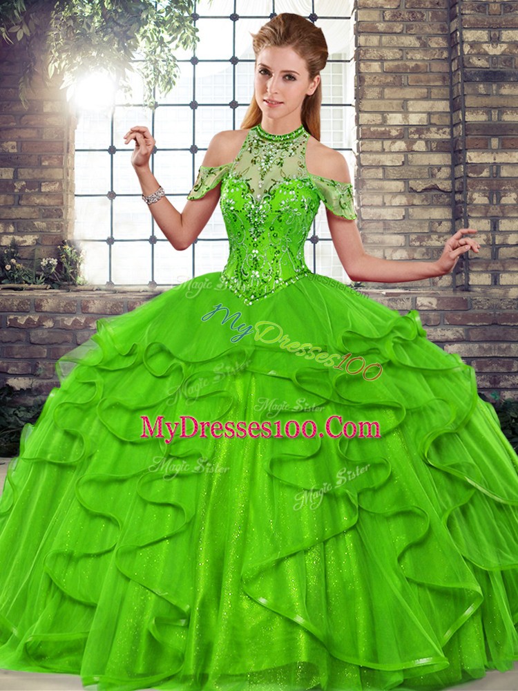 Floor Length Green Vestidos de Quinceanera Tulle Sleeveless Beading and Ruffles