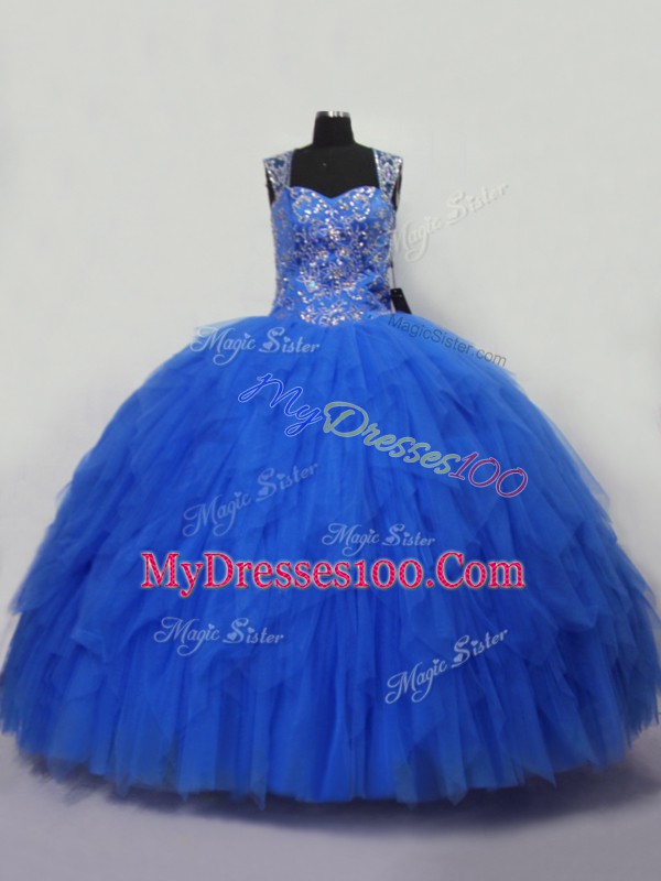 New Style Blue Lace Up Straps Beading and Ruffles Sweet 16 Dress Tulle Sleeveless