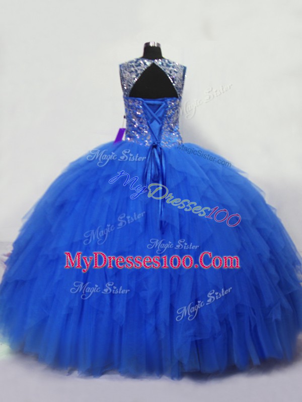 New Style Blue Lace Up Straps Beading and Ruffles Sweet 16 Dress Tulle Sleeveless