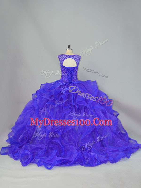 Modest Sleeveless Brush Train Beading and Ruffles Lace Up Sweet 16 Dresses