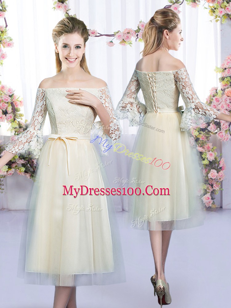 Eye-catching Tea Length Champagne Dama Dress Off The Shoulder 3 4 Length Sleeve Lace Up