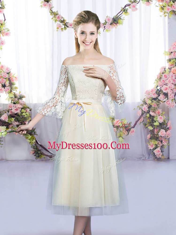 Eye-catching Tea Length Champagne Dama Dress Off The Shoulder 3 4 Length Sleeve Lace Up