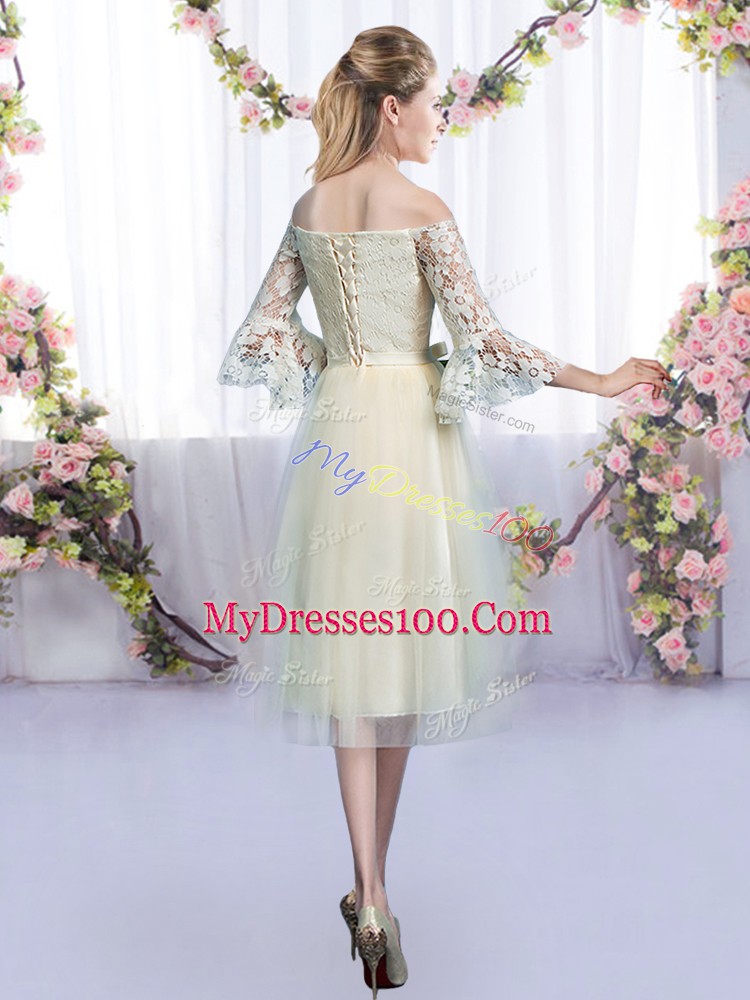 Eye-catching Tea Length Champagne Dama Dress Off The Shoulder 3 4 Length Sleeve Lace Up