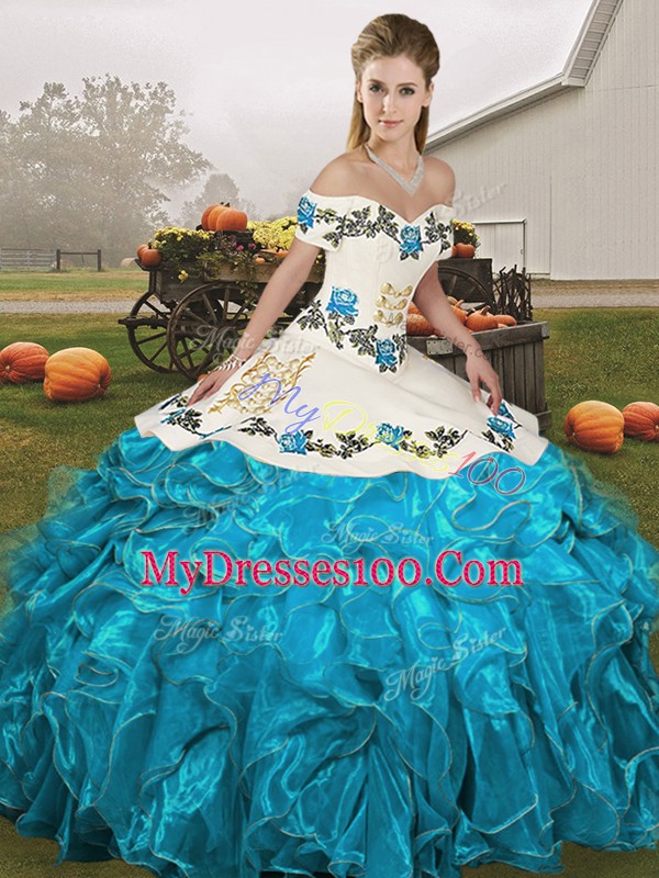 Blue And White Sleeveless Floor Length Embroidery and Ruffles Lace Up Ball Gown Prom Dress