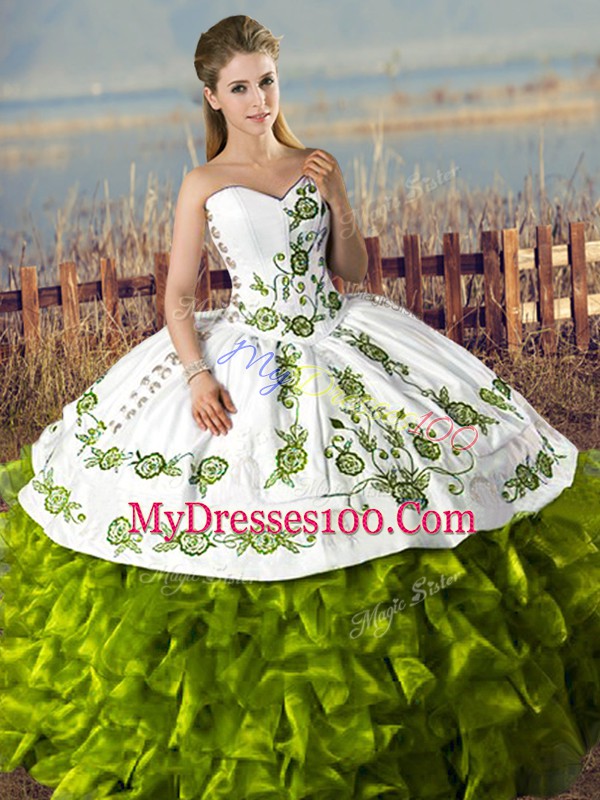 Olive Green Ball Gowns Sweetheart Sleeveless Satin and Organza Floor Length Lace Up Embroidery and Ruffles Quinceanera Dresses