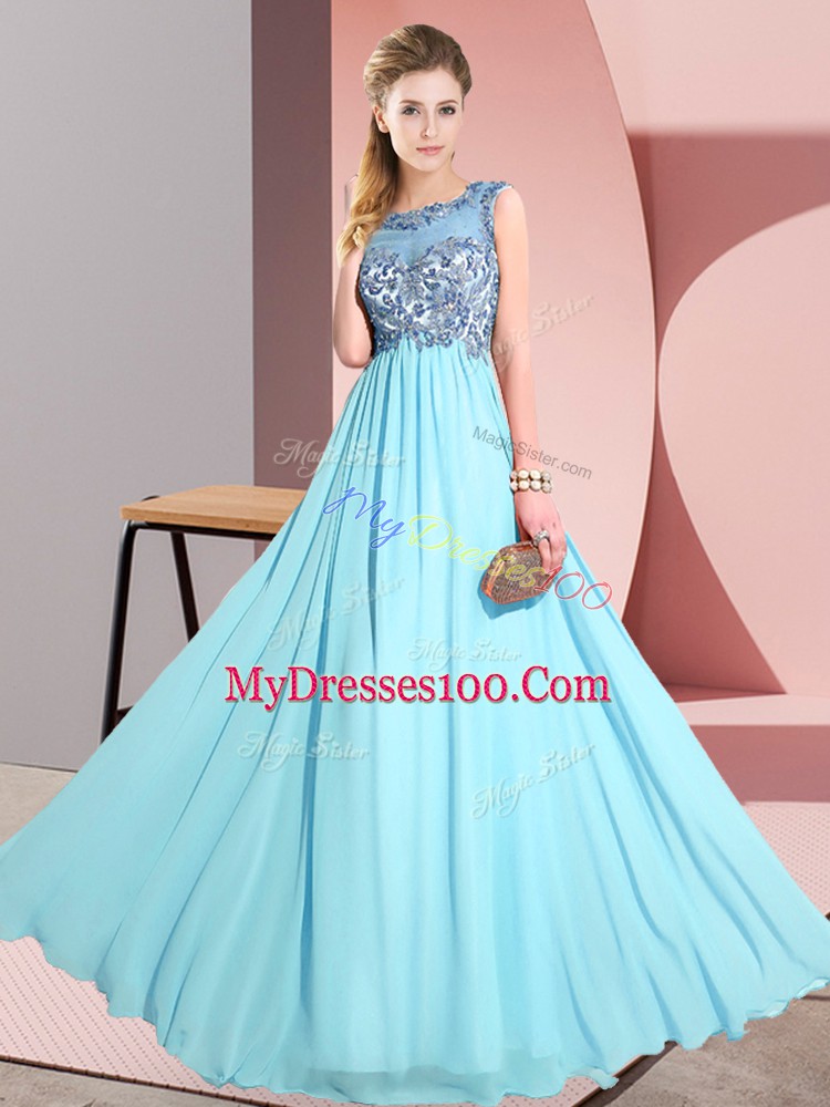 Artistic Floor Length Aqua Blue Damas Dress Chiffon Sleeveless Beading and Appliques
