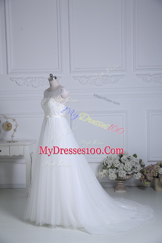 Fashion White Cap Sleeves Brush Train Beading and Belt Wedding Dress