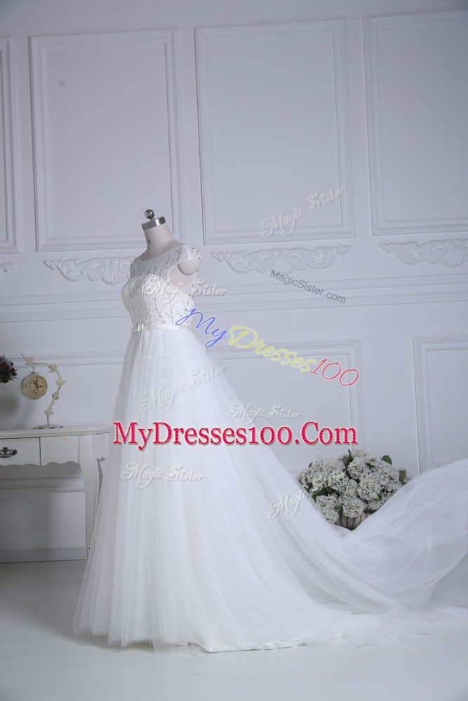 Fashion White Cap Sleeves Brush Train Beading and Belt Wedding Dress