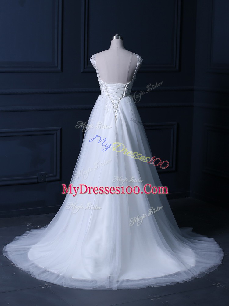 Fashion White Cap Sleeves Brush Train Beading and Belt Wedding Dress