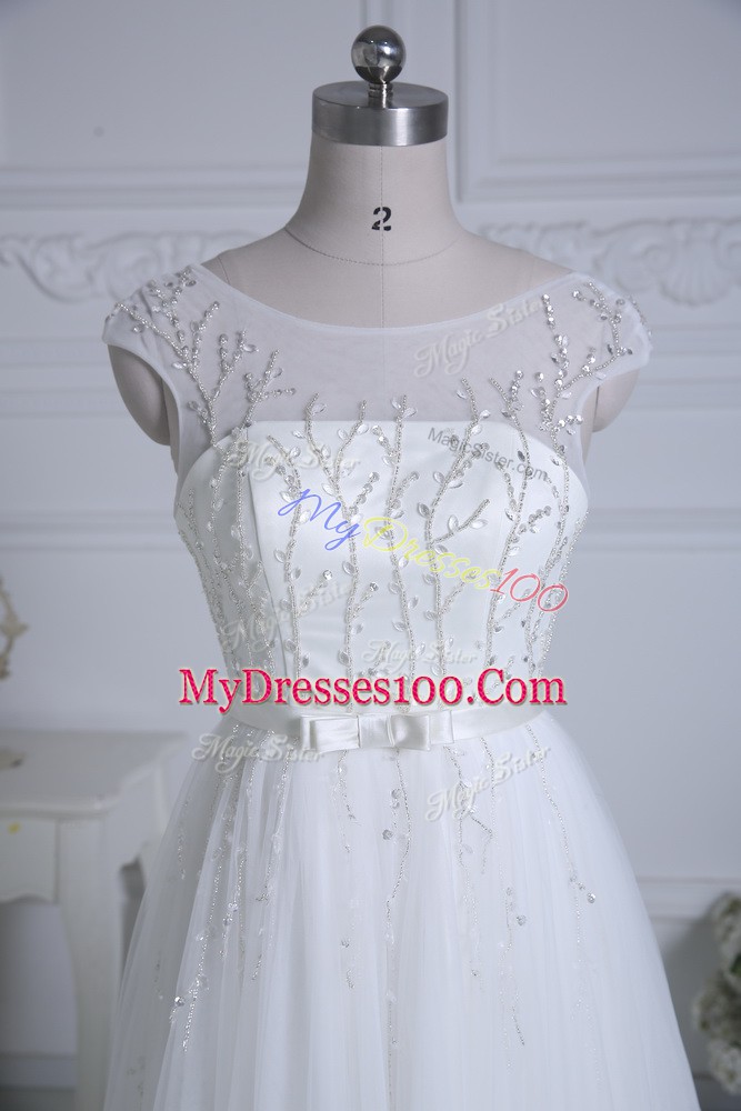 Fashion White Cap Sleeves Brush Train Beading and Belt Wedding Dress