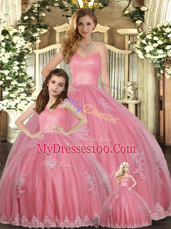 Delicate Watermelon Red Ball Gowns Appliques Quinceanera Dresses Lace Up Tulle Sleeveless Floor Length