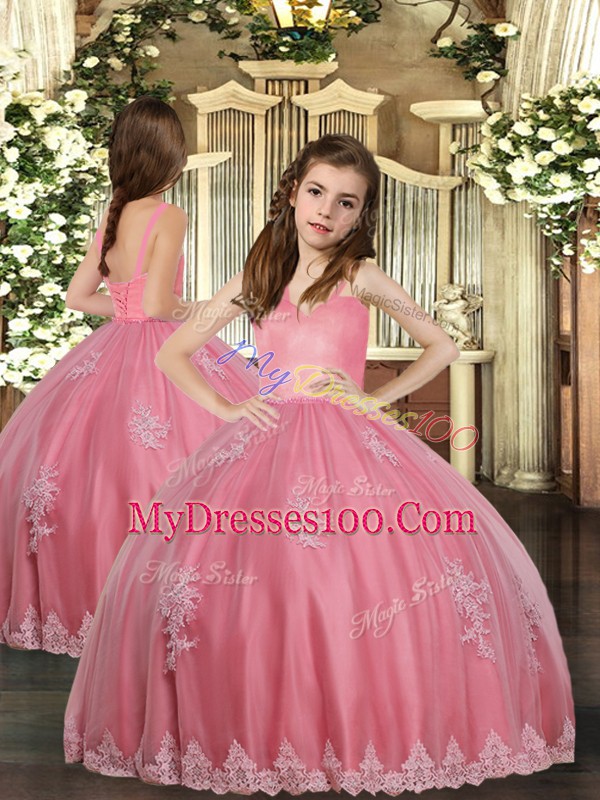 Delicate Watermelon Red Ball Gowns Appliques Quinceanera Dresses Lace Up Tulle Sleeveless Floor Length