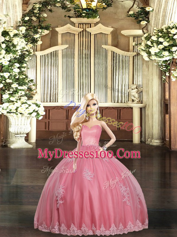 Delicate Watermelon Red Ball Gowns Appliques Quinceanera Dresses Lace Up Tulle Sleeveless Floor Length