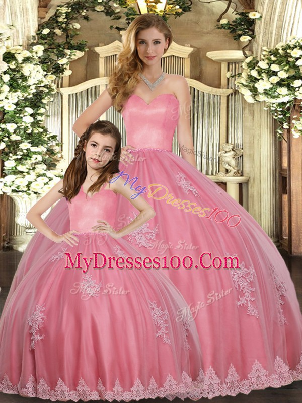 Delicate Watermelon Red Ball Gowns Appliques Quinceanera Dresses Lace Up Tulle Sleeveless Floor Length