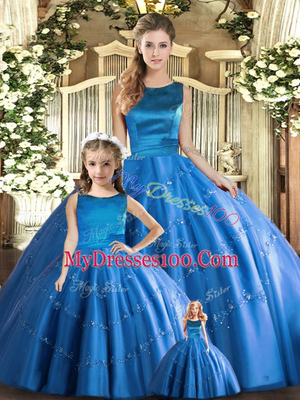Extravagant Blue Lace Up Scoop Appliques Quinceanera Dresses Tulle Sleeveless