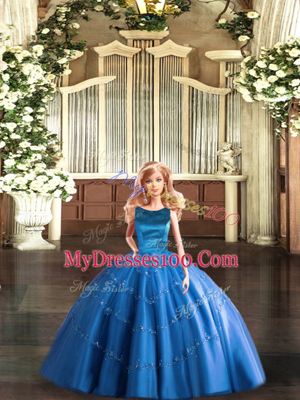 Extravagant Blue Lace Up Scoop Appliques Quinceanera Dresses Tulle Sleeveless
