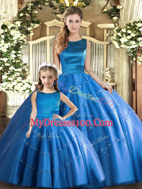 Extravagant Blue Lace Up Scoop Appliques Quinceanera Dresses Tulle Sleeveless