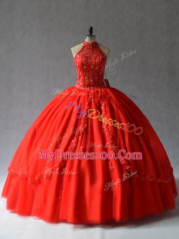 Colorful Appliques Quinceanera Dresses Red Lace Up Sleeveless Floor Length