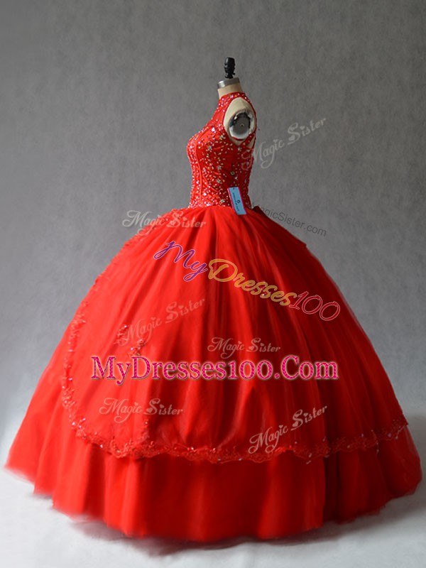 Colorful Appliques Quinceanera Dresses Red Lace Up Sleeveless Floor Length
