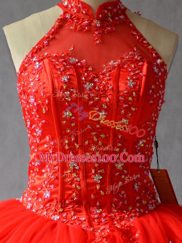 Colorful Appliques Quinceanera Dresses Red Lace Up Sleeveless Floor Length