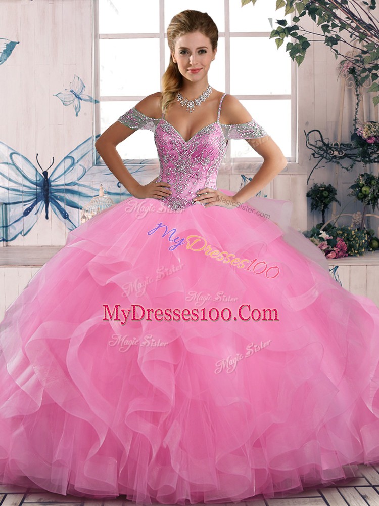 Simple Rose Pink Ball Gowns Tulle Off The Shoulder Sleeveless Beading and Ruffles Floor Length Lace Up Vestidos de Quinceanera