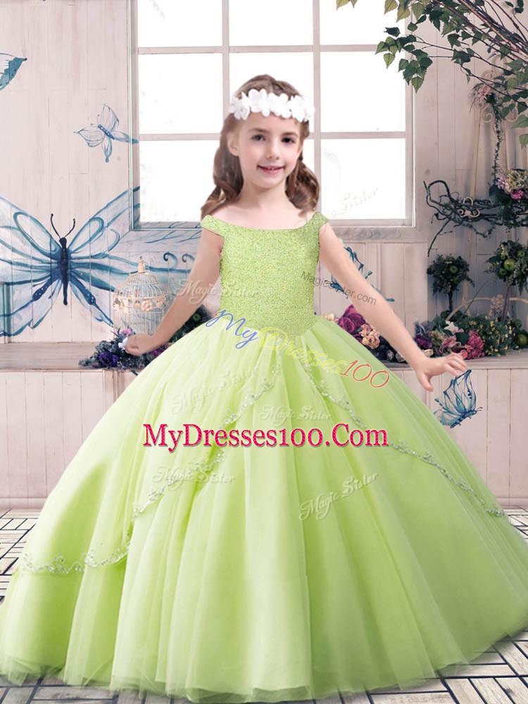 Yellow Green and Pink And White Ball Gowns Tulle Off The Shoulder Sleeveless Beading Floor Length Lace Up Little Girl Pageant Dress