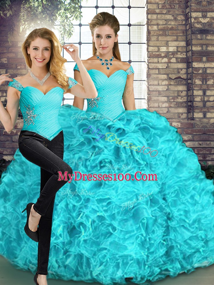 Fine Floor Length Two Pieces Sleeveless Aqua Blue Sweet 16 Dresses Lace Up