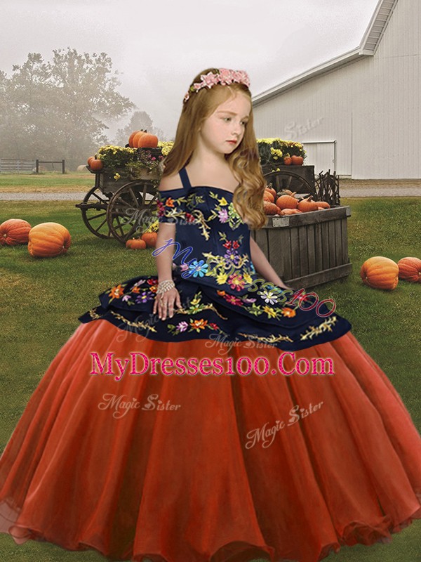 Fantastic Floor Length Rust Red Custom Made Pageant Dress Organza Sleeveless Embroidery
