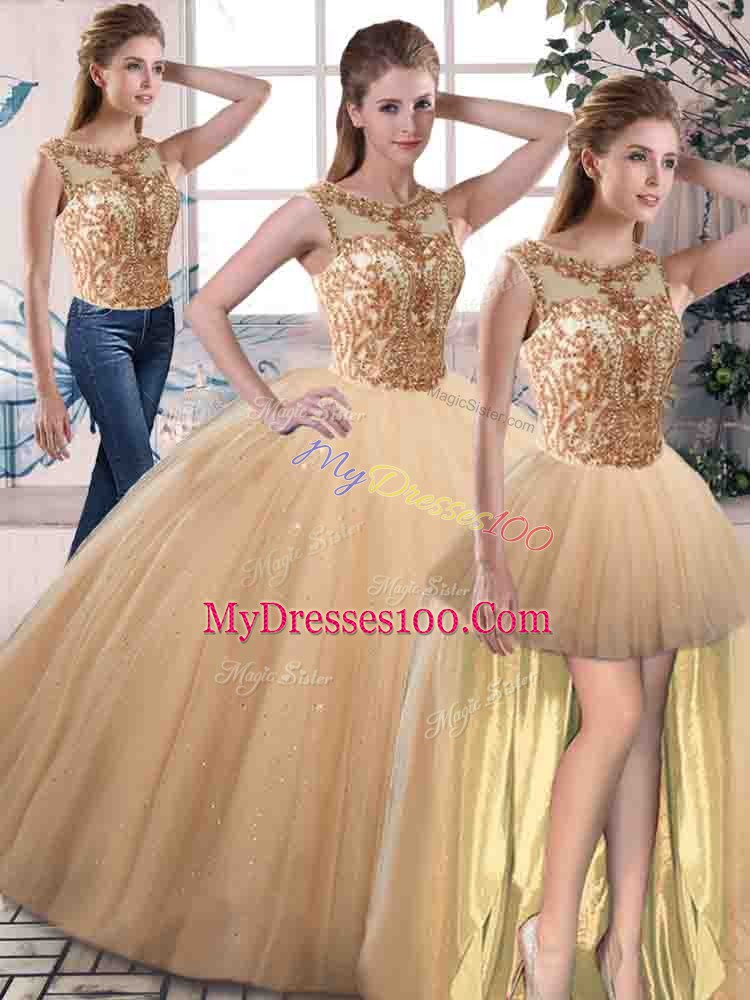 Adorable Gold Sleeveless Tulle Lace Up Sweet 16 Dresses for Military Ball and Sweet 16 and Quinceanera