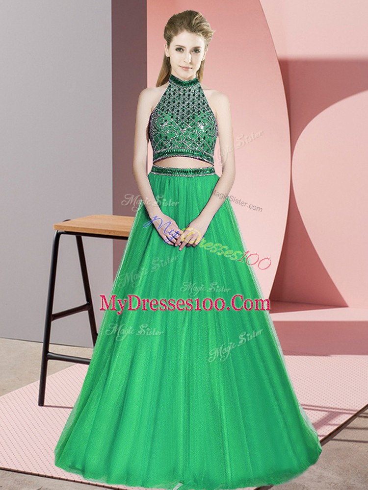 Fabulous Green Tulle Lace Up Prom Evening Gown Sleeveless Floor Length Beading