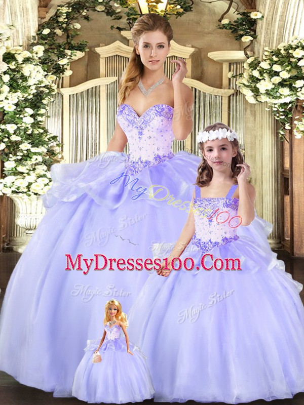 High Quality Sleeveless Organza Floor Length Lace Up Ball Gown Prom Dress in Lavender with Beading and Ruffles
