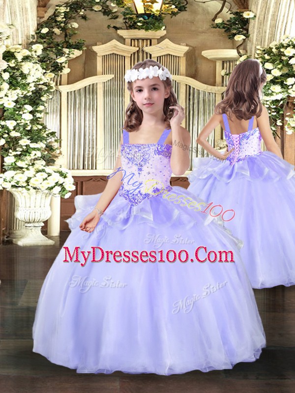 High Quality Sleeveless Organza Floor Length Lace Up Ball Gown Prom Dress in Lavender with Beading and Ruffles