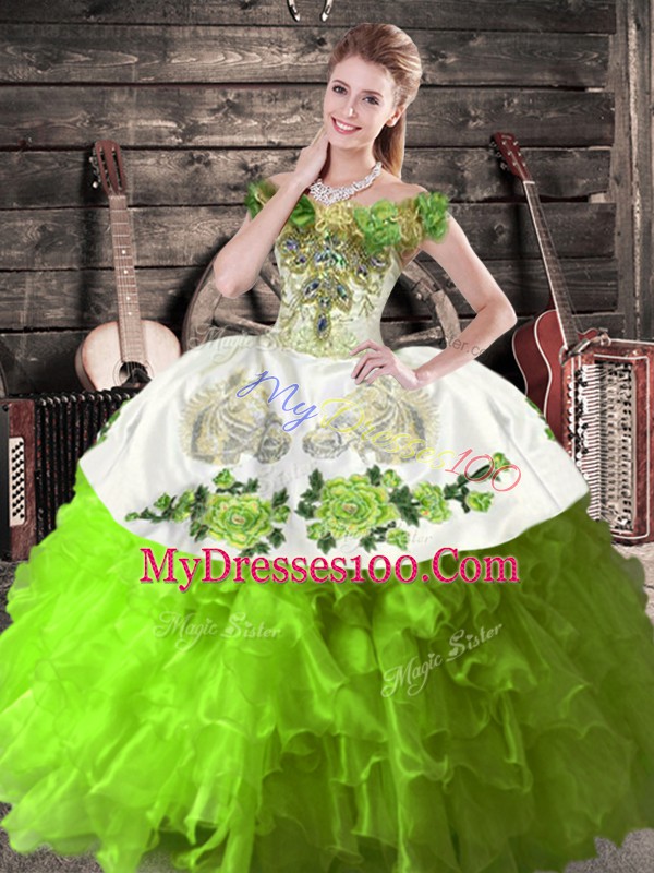 Green Ball Gowns Off The Shoulder Sleeveless Organza Floor Length Lace Up Embroidery and Ruffles Quinceanera Gowns